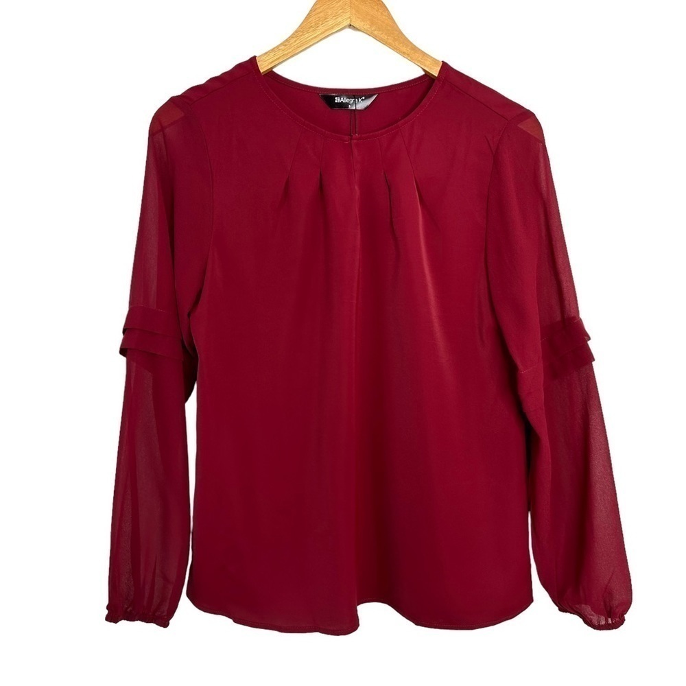 Allegra K Womens Pleated Long Sleeve Blouse Sz Small Maroon Sheer Sleeves Career